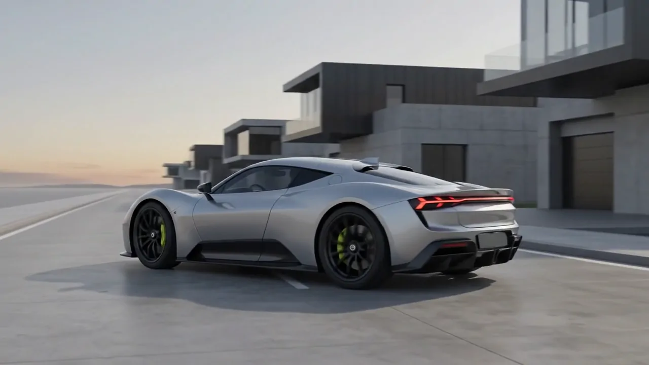 ZX-1 em movimento, visto de perfil, passando por edif&iacute;cios de concreto